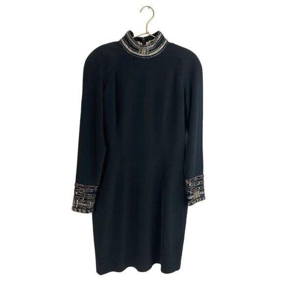 VINTAGE BEADED NITELINE DRESS COCTAIL PARTY BLACK LONG‎ SLEEVEWOMANS SIZE 12 567 - Picture 1 of 8